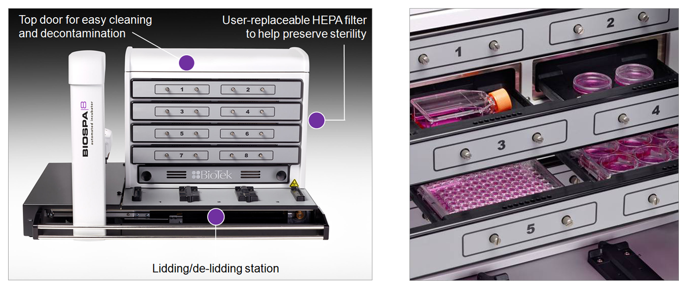 -	Handles low and high density microplates, cell culture and Petri dishes and T25 